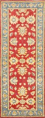 Floral Red/ Light Blue Wool Super Kazak Handmade Hallway Rug Runner Carper 2'x6'