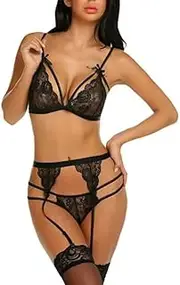 [Generic] Women Lingerie Set Lace Teddy Strap Babydoll Bodysuit with Garter Belts