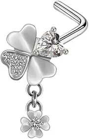 [Niaspi] 20G Four Leaf Clover Dangle Nose Rings for Women Stainless Steel L-Shaped Shamrock Nose Studs Rings Nose Piercing Jewelry for ST Patricks Day Irish