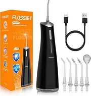 FlossJet Water Flosser Cordless Oral Irrigator for Gums with 5 Tips 4 Modes, 300ML USB-C Charge Dental Flosser, IPX7 Portable for Home&Travel, Deep Clean for Oral Comfort, Electric Floss Picks Black