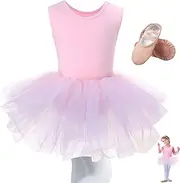 [Jeere] Girl's Cute Dance Tutu Dress Pink Ballet Leotard Ballet Practice Shoes Leather Yoga Shoes Soft Dance Tight for Dance Gymnastics and Ballet