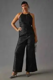 Anthropologie Maeve 12 Sequin Disco Jumpsuit Wide Leg Black Metallic 70s NWT
