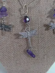 Dragonfly Charm Pendant Necklace Natural Amethyst Stone Chips Matching Earrings