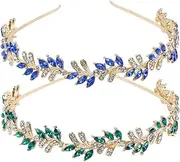 Leaf Metal Headbands for Women, 2 Packs Boho Metal Gold Head Bands Rhinestone Leafs Thin Retro Crown Hairbands Elegant Flower Headpiece Hair Accessories (Style1, One size)