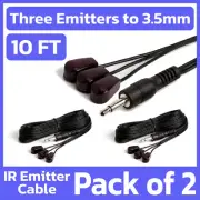 2 Pack 10ft Triple IR Emitter Extender Cable 3.5 mm Stick-On Infrared Blink Eye