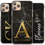 Personalised Initial Phone Case For iPhone 13/12/11/XR;Black Marble Hard Cover