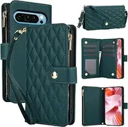 [YocoverTech] for Google Pixel 8 5G Case,for Pixel 8 Flip Case,6 Card Holders +1 Cash Slot Wallet Cover Magnetic Folio Closure Purse with Wristlet Crossbody Lanyard-Green