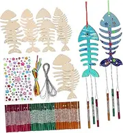 Yardenfun 1Set Fish Wind Chime Kit Wooden Fish Bones Chime Tubes Paint Brushes Wire Stickers Handmade Outdoor Wind Chimes for Relaxation Decoration