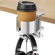 2 in 1 Desk Cup Holder with Headphone Hanger - Anti-Spill, Easy Install (Silver)