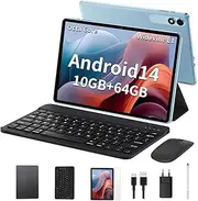 JIKOCXN Tablet 10 Inch Android14 Tablet, 4GB RAM + 64GB ROM (1TB TF), Octa Core Tablet with Keyboard, 1280 x 800 FHD Screen, 6000 mAh Battery, GPS, WLAN, Bluetooth 5.0, Dual Camera (Blue)