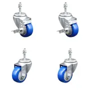 3 Inch SS Blue Polyurethane Swivel 3/8 Inch Threaded Stem Caster Set 2 Brakes