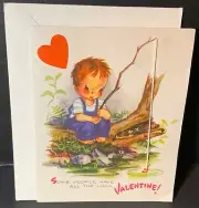 VTG Klever Kards Valentine Card UNUSED Boy Fishing Real String I’ll Hook You Yet