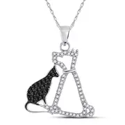 14k White Gold Black Diamond Kitty Cat Feline Animal Pendant 1/4 Cttw