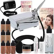 Belloccio Professional Beauty Airbrush Cosmetic Makeup System with 4 Tan Shades of Foundation in 1/4 Ounce Bottles - Kit Includes Blush, Bronzer and Highlighter and 3 Bonus Items and a Video Link