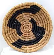 Seagrass Wall Hanging Bowl Stand Alone Round Woven Tan Black Loop Boho 10 in