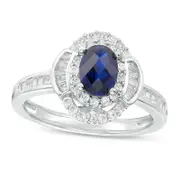 Oval Blue Sapphire and 0.38 CT. T.W. Natural Diamond Double Frame Collar Ring in Solid 10K White Gold