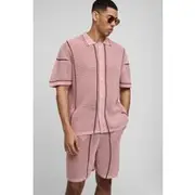 Mens Dusty Pink Regular Fit Open Stitch Stripe Button Through Knitted Shirt Set