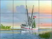 Trawler Tile Backsplash Mike Brown Ceramic Seascape Coastal Art Mural MBA009