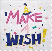 LeZakaa 50Pcs Birthday Napkins - “Make a Wish” Lettering Design 3 Ply Disposable Paper Napkin for Birthday Tableware Party Supplies Cocktail Napkins for Adults, Kids - 6.5x6.5" Folded
