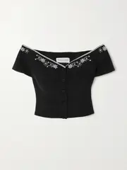 [Saloni] Saloni - Clementine-b Off-the-shoulder Embellished Crepe Top - Black - UK 16 UK 16 Black
