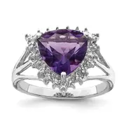 Sterling Silver Rhodium Trillion Amethyst u0026 Diamond Ring