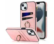 Full Protection Cover for iPhone 13, 2 Cards PU Leather Case with Ring Holder - Pink