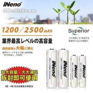 【日本iNeno】 超大容量 低自放電 鎳氫充電電池 1200mAh 4號/AAA 12入(循環發電 充電電池 戶外露營 電池 存電 不斷電 儲電)