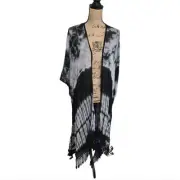 Woven Heart Black and White Tie Dye Crochet Lace Fringe Kimono Duster Plus Sz 3X