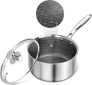 Hybrid Nonstick 2 Quart Stainless Steel Saucepan with Glass Lid, Induction Sauce Pan with Honeycomb Carving, Non-stick Sauce Pot Compatible with All Cooktops, Dishwasher Safe, Non-Toxic