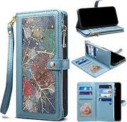 YocoverTech for Google Pixel 6 5G Case,for Google Pixel 6 5G Wallet Case,Colourful PU Leather Stand Flip Cover with Wrist Strap[RFID Blocking][10 Card Slots+Cash Bag]-Blue
