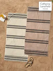 Catherine Lansfield Set of 2 Natural Banded Stripe 100% Cotton Beach Towel (N75142) | $51