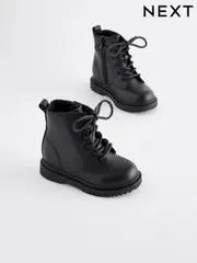 Black Leather Warm Lined Lace-Up Boots (K75322) | $68 - $77