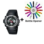 Casio G-Shock Neobrite Analogue/Digital Mens Black Watch AW-590-1ADR Bottle Opener Bundle