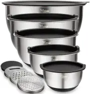 Mixing Bowls Set of 5, Stainless Steel Nesting Bowls with Airtight Lids, 3 Grate