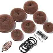 Bun Styler 33-Piece Set, Ring Bun Styler Set, Lncludes Bun Stylers (1 Extra Large, 2 Large, 2 Medium and 2 Small), 5 Hair Elastics, 20 Hair Clips, 1 Leopard Print Lazy Brush, Coffee