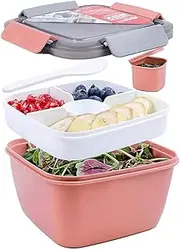 Salad Container, Lunch Container, Bento Box for Lunch, 3 Compartments for Salad and Snacks, Salad Bowl with Dressing Container, Leak-Proof, Microwave Safe, 1500 ml, Dark (Pink)