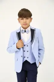 Boys' Light Blue 6-PC Suit with Black Contrast Lapels, for all Special Occasions