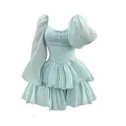 Puff-Sleeve Sweetheart-Neckline Plain Mini A-Line Layered Dress Padded - Green - XS