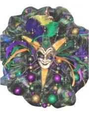 Lit 24” Deco Mesh Mardi Gras Wreath Luxury Jester With Fleur De Lis & Bead