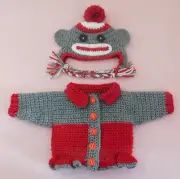 Doll Clothes Outfits, Crochet Sweater, Red Sock Monkey Sweater Hat Fits 18" Doll