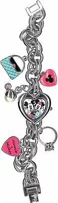 Disney Mickey And Minnie Mouse Women Stainless Steel Charm Bracelet Watch MN2054