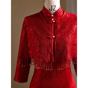 【女神婚紗禮服】高端紅色披肩氣質旗袍宴會晚禮服 2197(新娘服 訂婚禮服)