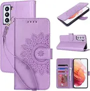 [Cavor] Wallet Case for Samsung Galaxy S21 5G 6.2'' PU Leather Case Magnetic 3D Embossed Flower Women Flip Kickstand with Card Holder Wristlet Hand Strap Protective Cover -Flower Purple