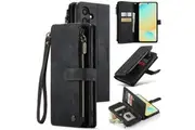 CaseMe C30 For Samsung Galaxy S24 FE Vintage Leather Folio Zipper Wallet Case with Magnetic Closure and 7 Card Slots (Black)