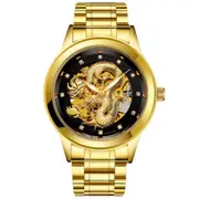 Men High-end Fully Automatic Mechanical Watches Retro Dragon Pattern Business Waterproof Luminous Watch Gold band black surface