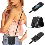 [UEEBAI] Crossbody Wallet Case for Samsung Galaxy Z Flip 3 5G, Card Slots Adjustable Crossbody Zipper Cover Detachable Lanyard Strap Flip Case with Hand Strap Kickstand Case - Black