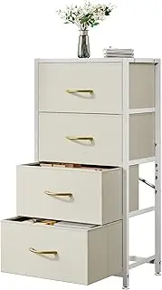 Forthcan Dresser with 4 Drawers, Fabric Storage Tower, Dresser Chest of Drawers with Wood Top and Steel Frame, Easy Pull Handle, Storage Drawers for Bedroom, Living Room, Entryway (White Gray)