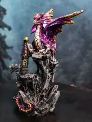 Metallic Golden Purple Dragon Guarding Castle Tower On Mountain Cliff Figurine