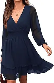 [Prettywear] Women's Floral Chiffon Long Sleeve Mini Dress Flowy A-Line Wrap Neck Tie Back Short Dress