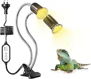 Dimmable Reptile Heat Lamp, E27 Dual Head Max 100W+100W UVA UVB Reptile Light with Cycle Timer Switch, Clip on Basking Light for Reptile, Turtle, Bearded Dragon AC 200-240V (No Bulb)